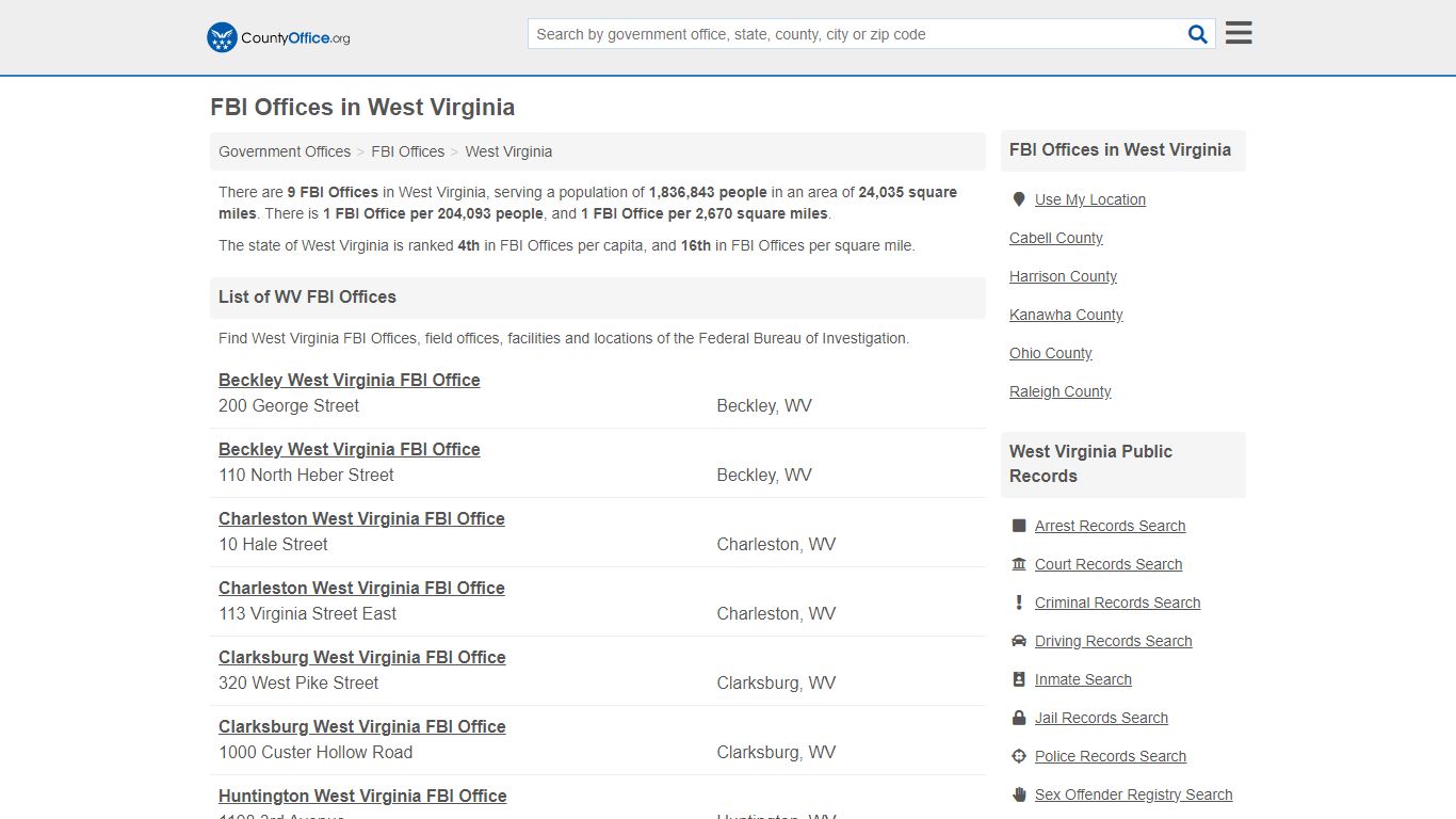 FBI Offices - West Virginia (Crime Tips & Most Wanted) - County Office